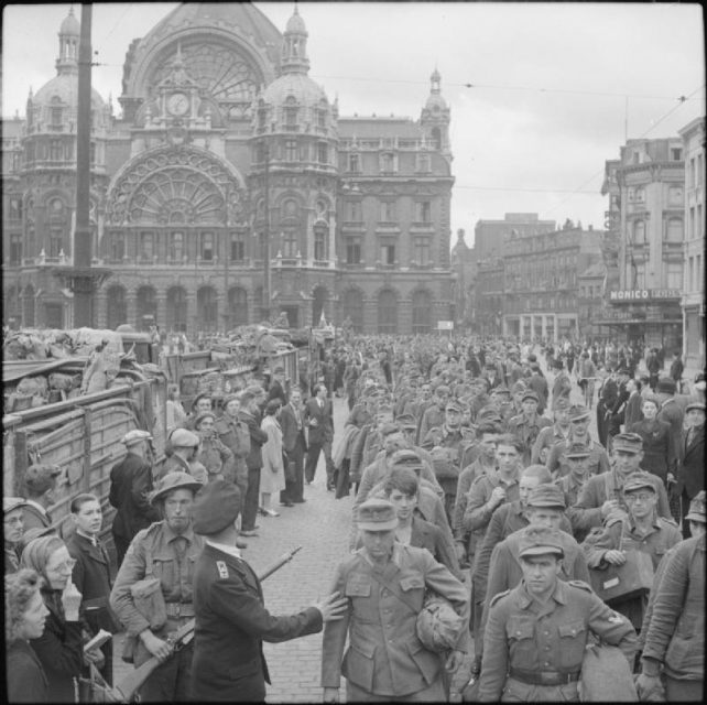The British Army in North-west Europe 1944-45. German prisoners being paraded through the streets of Antwerp, 5 September 1944.
