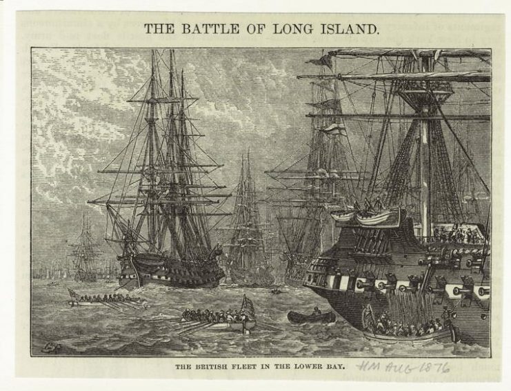 The British fleet in the lower bay (Harpers Magazine, 1876) depicts the British fleet amassing off the shores of Staten Island in the summer of 1776