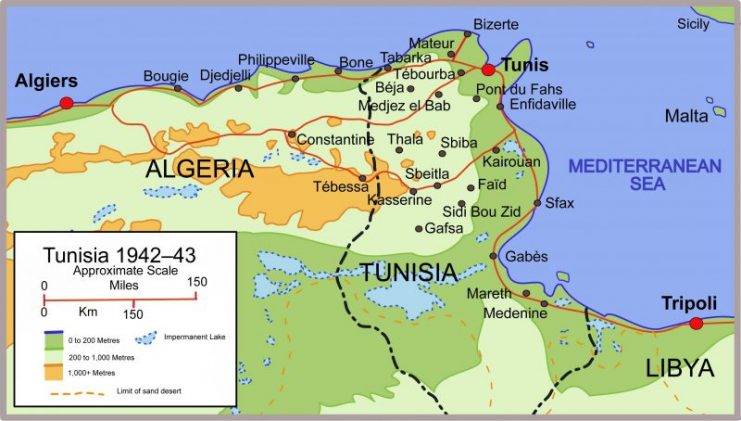 Map of Tunisia during the 1942–1943 campaign