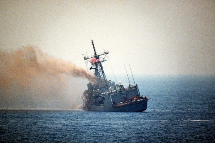 USS Stark after being hit by two Iraqi Exocet missiles in 1987.