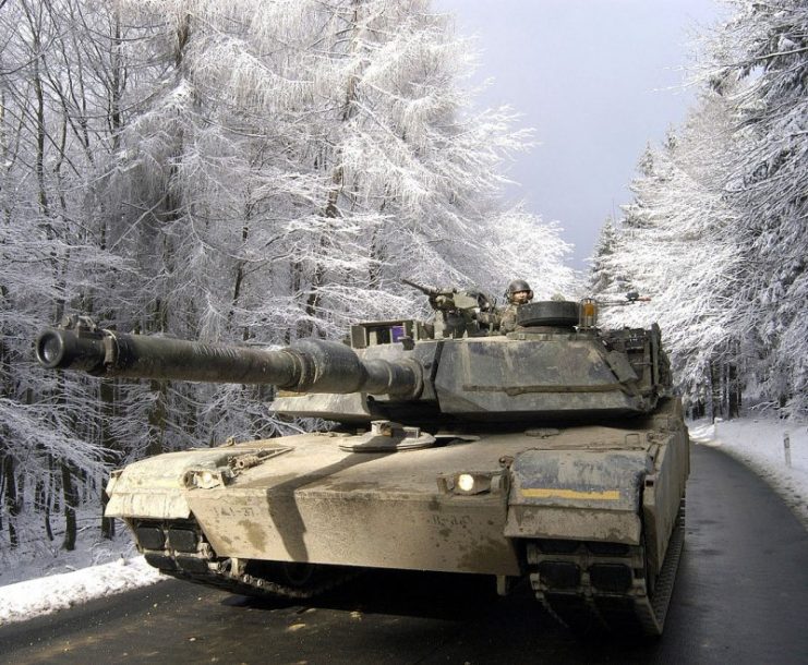 Tankers drive an M1A1 Abrams through the Taunus Mountains north of Frankfurt during Exercise Ready Crucible