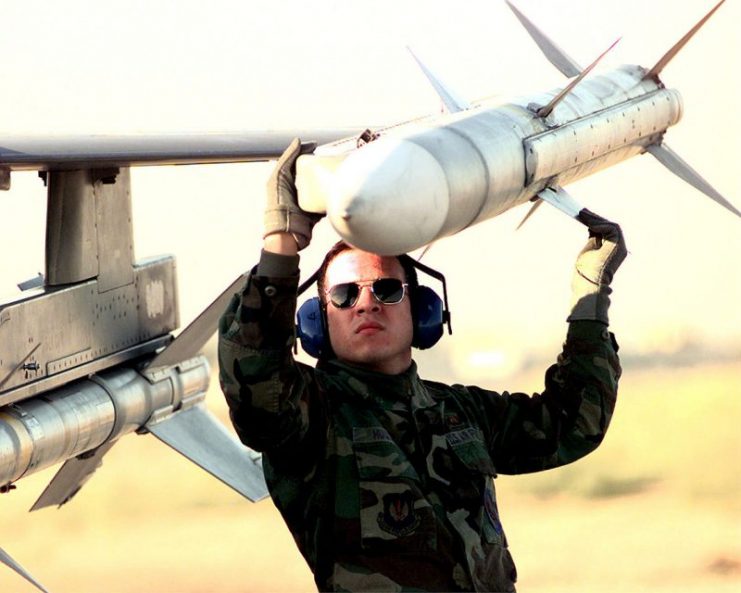 An AIM-120 AMRAAM mounted on the wingtip launcher of an F-16 Fighting Falcon