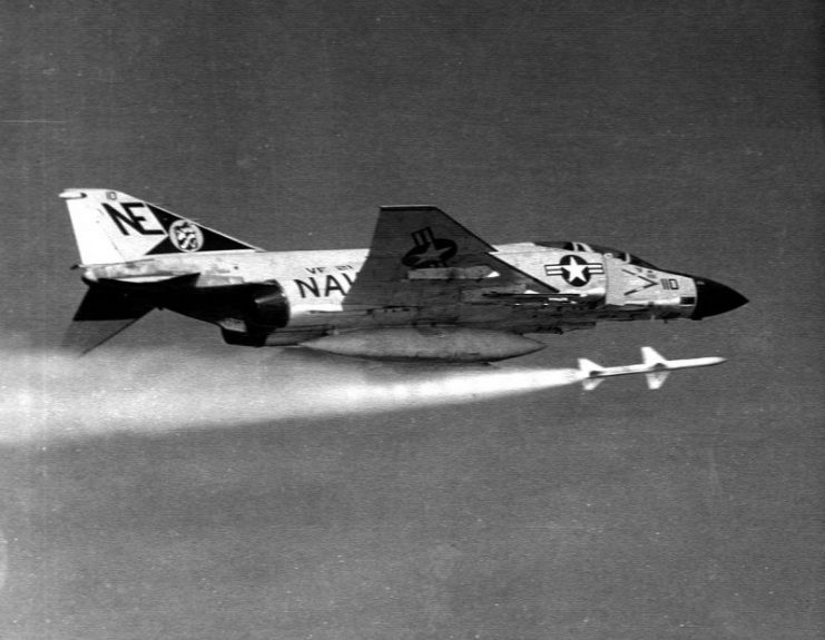 F-4J from VF-21 launching Sparrow missile c1970