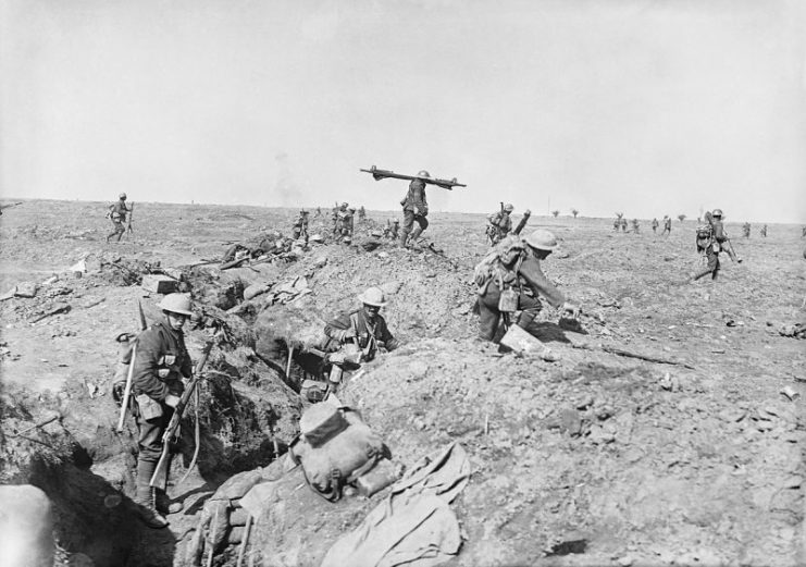 British infantry advancing in support during the battle of Morval, part of the battle of the Somme.