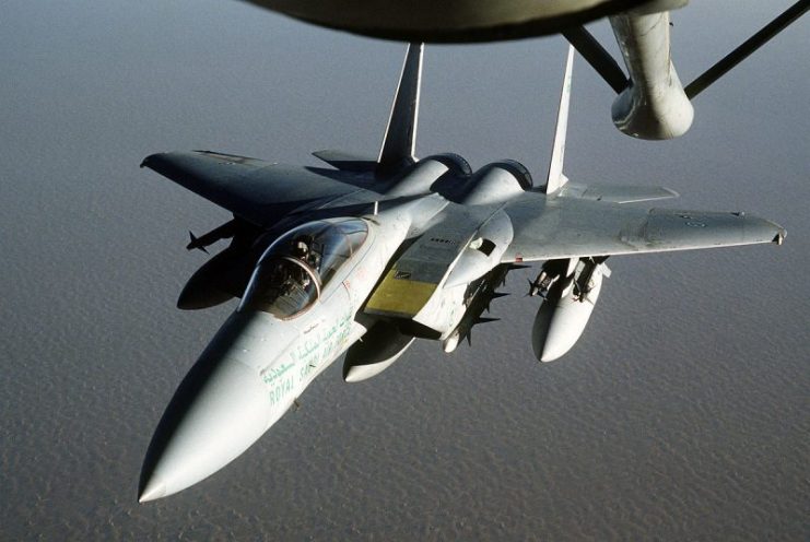 A Royal Saudi Air Force F-15 approaches a KC-135 for refueling during Operation Desert Shield.