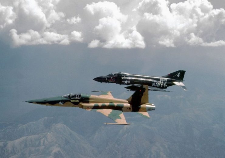 F-5E NFWS in flight with F-4J VX-4 1985