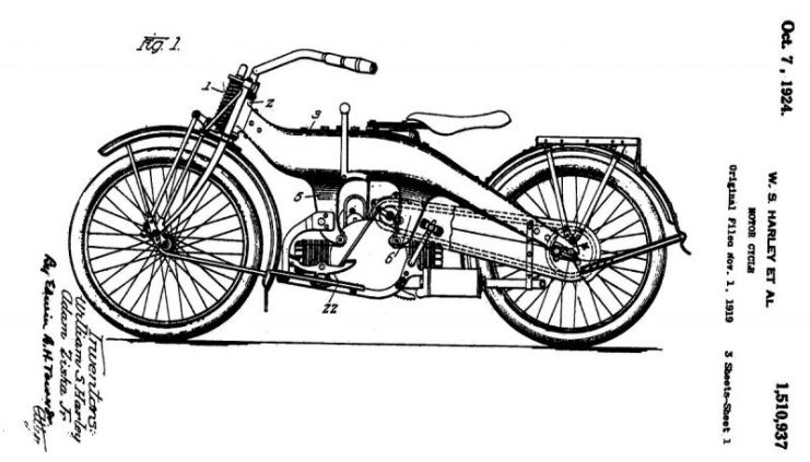 Beam-framed motorcycle with Model W drivetrain, patented by W. S. Harley and A. Ziska, Jr.