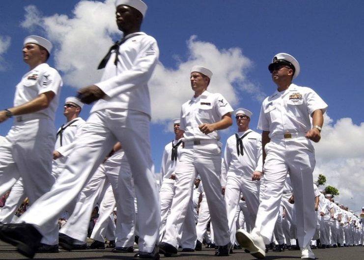 Navy Region Marianas, march in formation as part of the Liberation Day parade on the U.S. territory of Guam.