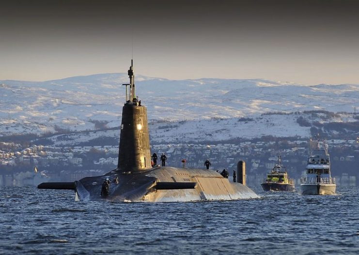Nuclear submarine HMS Vanguard arrives back at HM Naval Base Clyde, Faslane, Scotland following a patrol. By Tam McDonald – Defence Imagery OGL