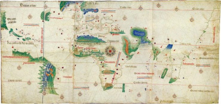 Cantino planisphere (1502) depicts the world, as it became known to the Europeans after the great exploration voyages at the end of the fifteenth and beginning of the sixteenth century to the Americas, Africa and India.At Biblioteca Estense, Modena, Italy