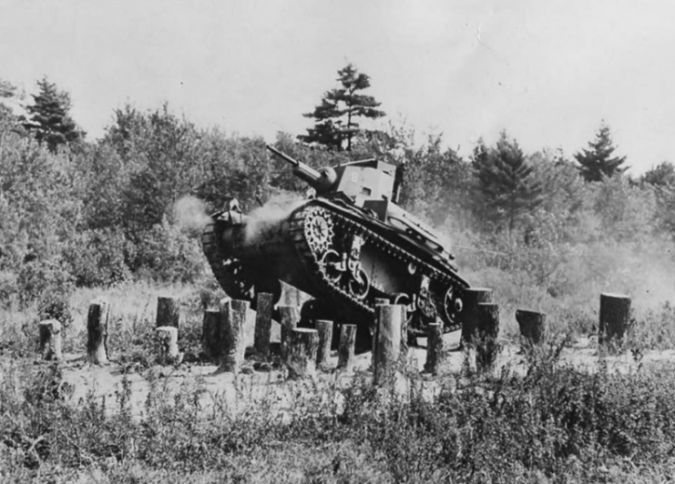 1st Division testing light tank M2A4 at Fort Devens, Massachusetts.