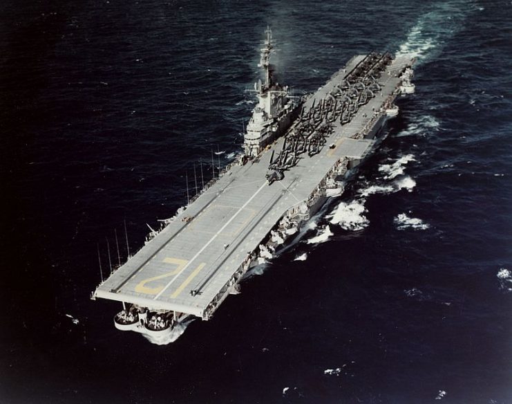 The U.S. Navy aircraft carrier USS Hornet (CVA-12) en route to Guantanamo Bay, Cuba, on 10 January 1954, during shakedown following completion of her SCB-27A modernization. Hornet, with assigned Air Task Group 181 (ATG-181), was deployed to the Caribbean from 6 January to 5 March 1954.