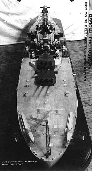 Stern view of a Montana-class battleship model, showing the catapults and tail crane for launching and recovery of floatplanes.