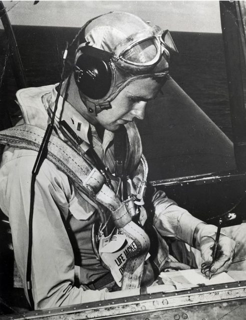 Bush in his TBM aboard San Jacinto in 1944.