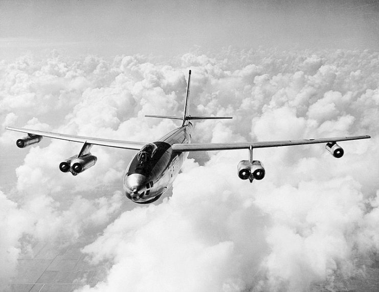 The Boeing B-47 Stratojet in flight.