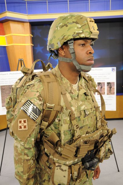 A 4th Infantry Division soldier wearing an ACH helmet in the MultiCam pattern.
