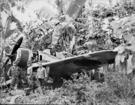 A Japanese Nakajima Ki-43-I Hayabusa (s n 750) in dense jungle 6 km from Vunakanau airfield, Rabaul, in September 1945.