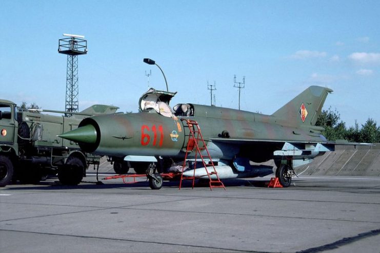 A MiG-21M of Taktische Aufklärungsfliegerstaffel 47 (Tactical Reconnaissance Squadron 47) at Preschen. 23 August 1990. 611 became 22+89, but never flew in the Luftwaffe and was scrapped.Photo Rob Schleiffert CC BY-SA 2.0