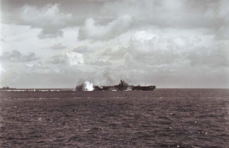 A near miss on the USS Bunker Hill (CV-17) during an attack by Japanese aircraft during the Battle of the Philppine