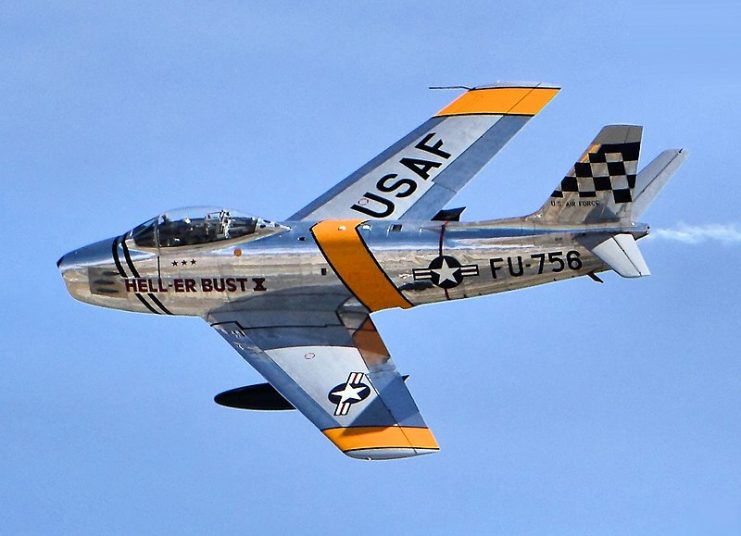 A North American F-86 over the Planes of Fame Air Museum in Chino, California.Photo Airwolfhound CC BY-SA 4.0