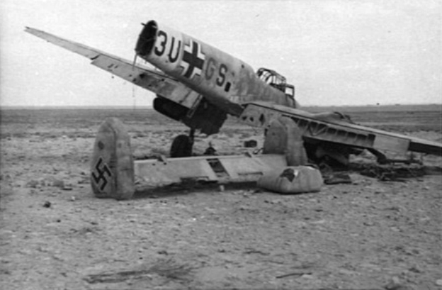 A wrecked German Messerschmitt Me 110 aircraft at El Gazala, Libya. 1942