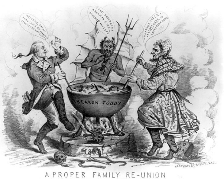 An 1865 political cartoon depicting Benedict Arnold and Jefferson Davis in Hell