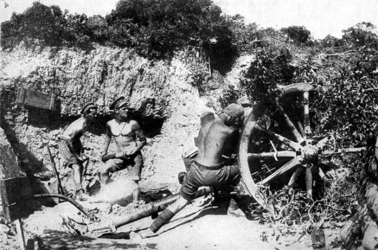 An Australian gun crew in action Anzac cove.