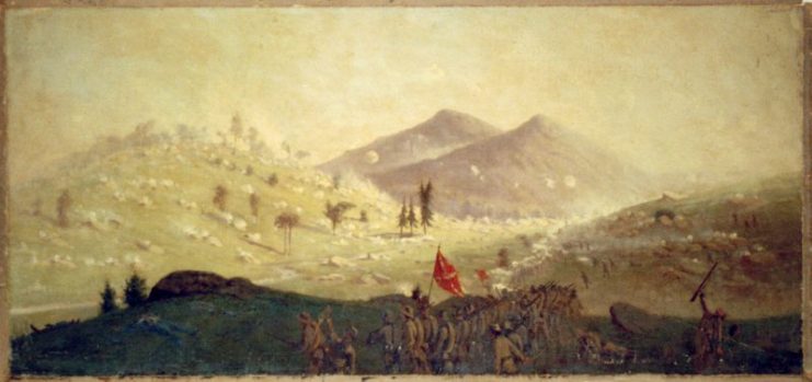 Attack on Little Round Top held by the 5th Corps commanded by General Sykes, painting by Edwin Forbes.