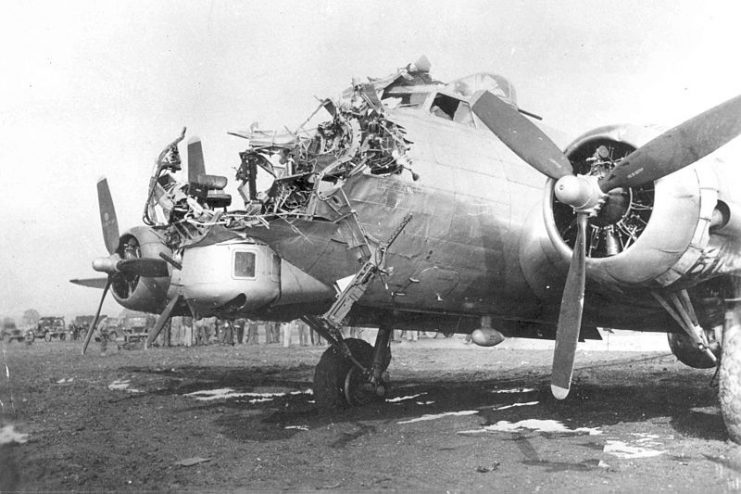 B-17G of the 8th AF 398th BG 601st BS which was damaged on a bombing mission over Cologne, Germany, on 15 October 1944; the bombardier was killed.