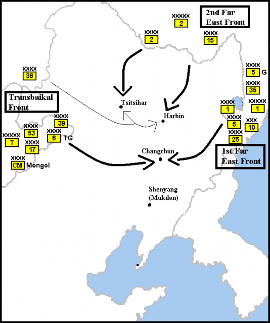 Basic map showing the Soviet invasion plan for Manchuria.Photo Dove CC BY 3.0