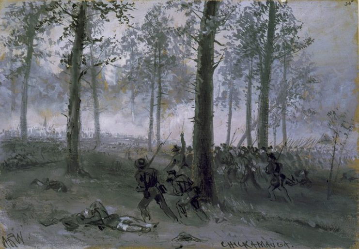 Battle of Chickamauga, Confederate line advancing uphill through a forest toward Union lines by Alfred Waud.