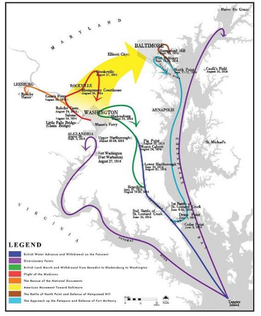 British and American movements during the Chesapeake Campaign 1814