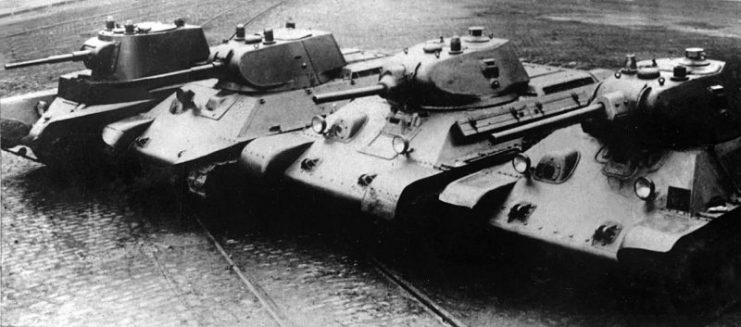 BT-7, A-20, T-34 (model 1940), and T-34 (model 1941)