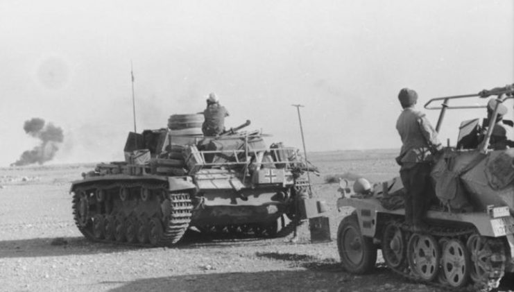 Panzer III and Rommel’s command vehicle in the desert. By Bundesarchiv, Bild CC-BY-SA 3.0