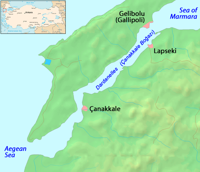Close-up topographic map of the Dardanelles.