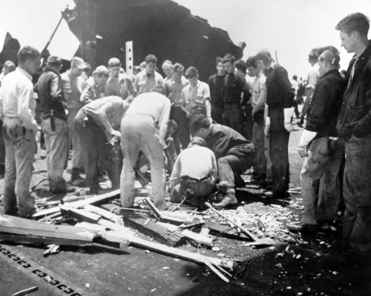 Damaged flight deck of USS Bunker Hill