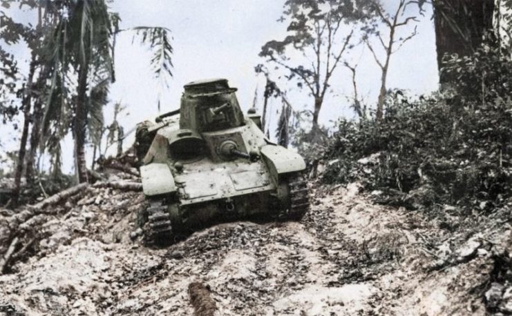 Disabled Japanese Type 95 “Ha-Go” tank left in Biak, due to Allied advance. The battle of Biak was one of the most important offensives during the Western New Guinea campaign, in which both Japanese commanders died. Photo Cassowary Colorizations CC BY 2.0