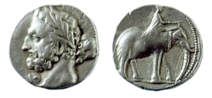 A Carthaginian shekel, dated 237–227 BC, depicting the Punic god Melqart most likely with the features of Hamilcar Barca