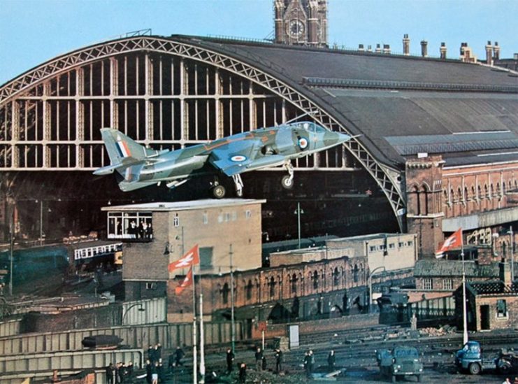 Williams landing his Harrier at St Pancras Station. Photo provided by the author. Credits: Tangmere Military Aviation Museum