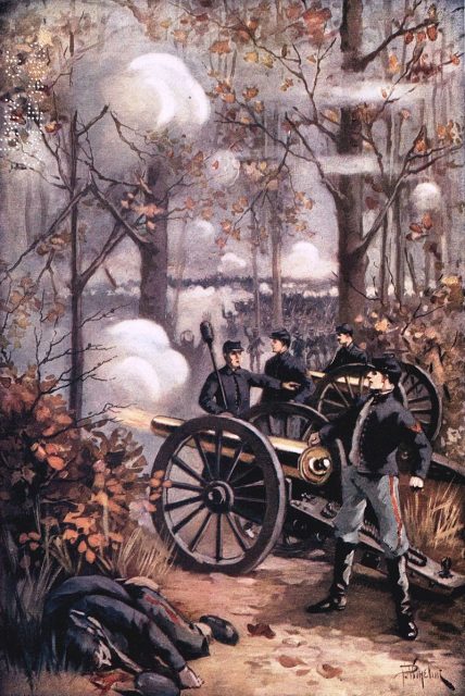 Confederates firing on Union soldiers