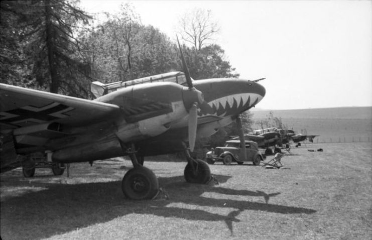 During the campaign in West Messerschmitt Me 110 with shark mouth painting (Probably ZG 76)KBK LW4.Bundesarchiv, Bild 101I-382-0211-22 : Wundshammer, Benno : CC-BY-SA 3.0