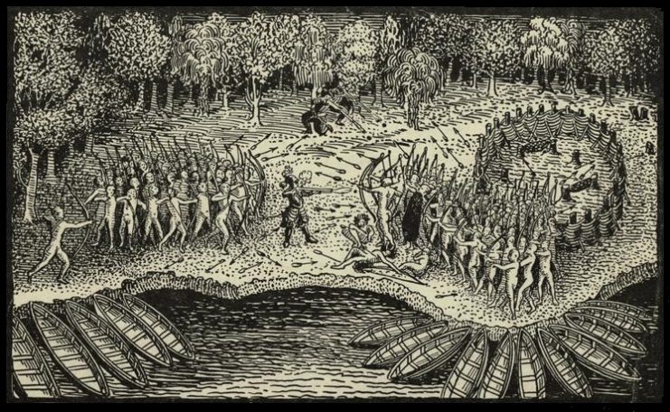 Engraving based on a drawing by Champlain of his 1609 voyage. It depicts a battle between Iroquois and Algonquian tribes near Lake Champlain