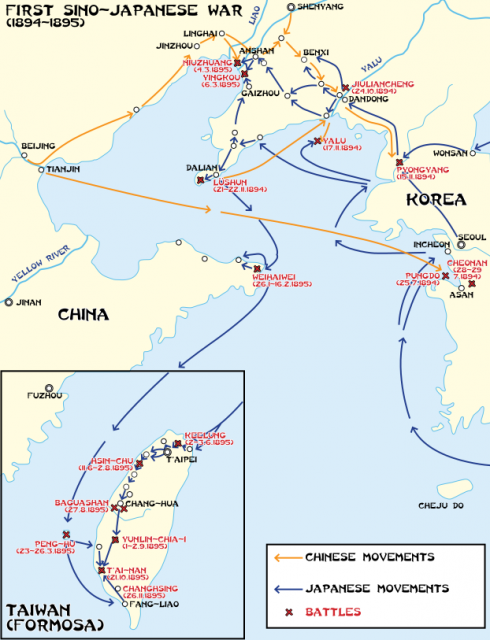 First Sino-Japanese War, major battles and troop movements.Photo Hoodinski CC BY-SA 3.0