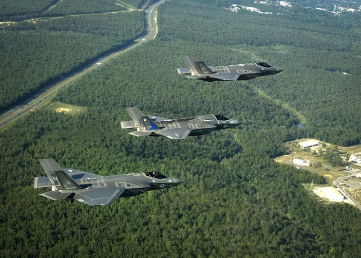 (From the top) 33rd FW F-35A, F-35B and F-35C near Eglin AFB in May 2014.