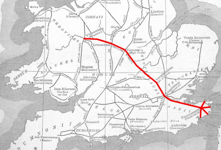 General route of Watling Street overlaid on an outdated map of the Roman road network in Britain.Photo Neddyseagoon CC BY-SA 3.0