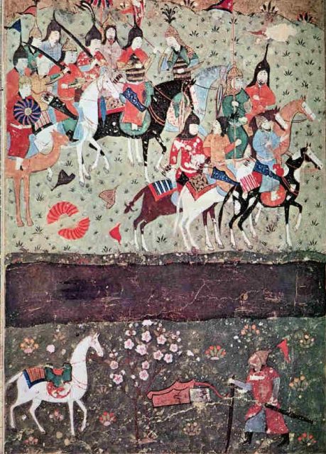 Genghis Khan watches in amazement as the Khwarezmi Jalal ad-Din prepares to ford the Indus.