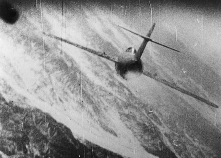 Gun camera photo of a MiG-15 being attacked by U.S. Air Force F-86 Sabre over Korea in either 1952 or 1953.