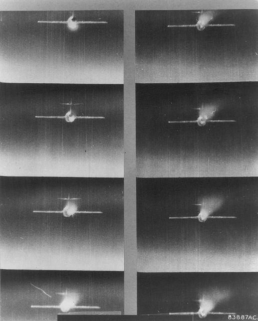 Gun camera strip showing Soviet MiG-15 over Korea, April 1953.