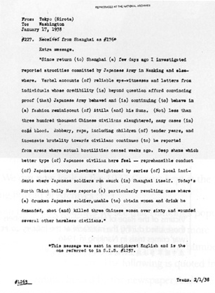 Harold John Timperley’s telegram of 17 January 1938 describing some atrocities and used as proof against Hisao Tani