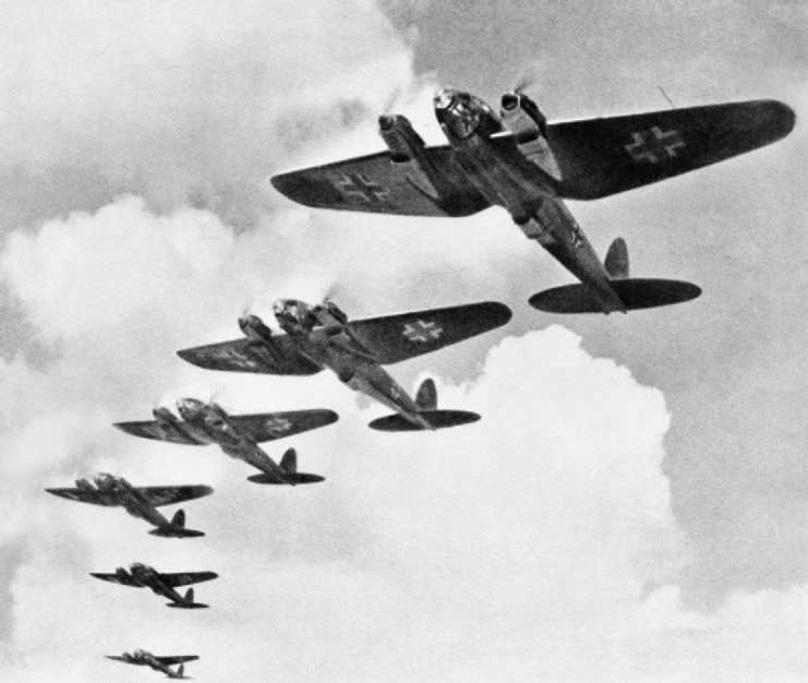 Heinkel He 111 bombers in formation during the Battle of Britain.